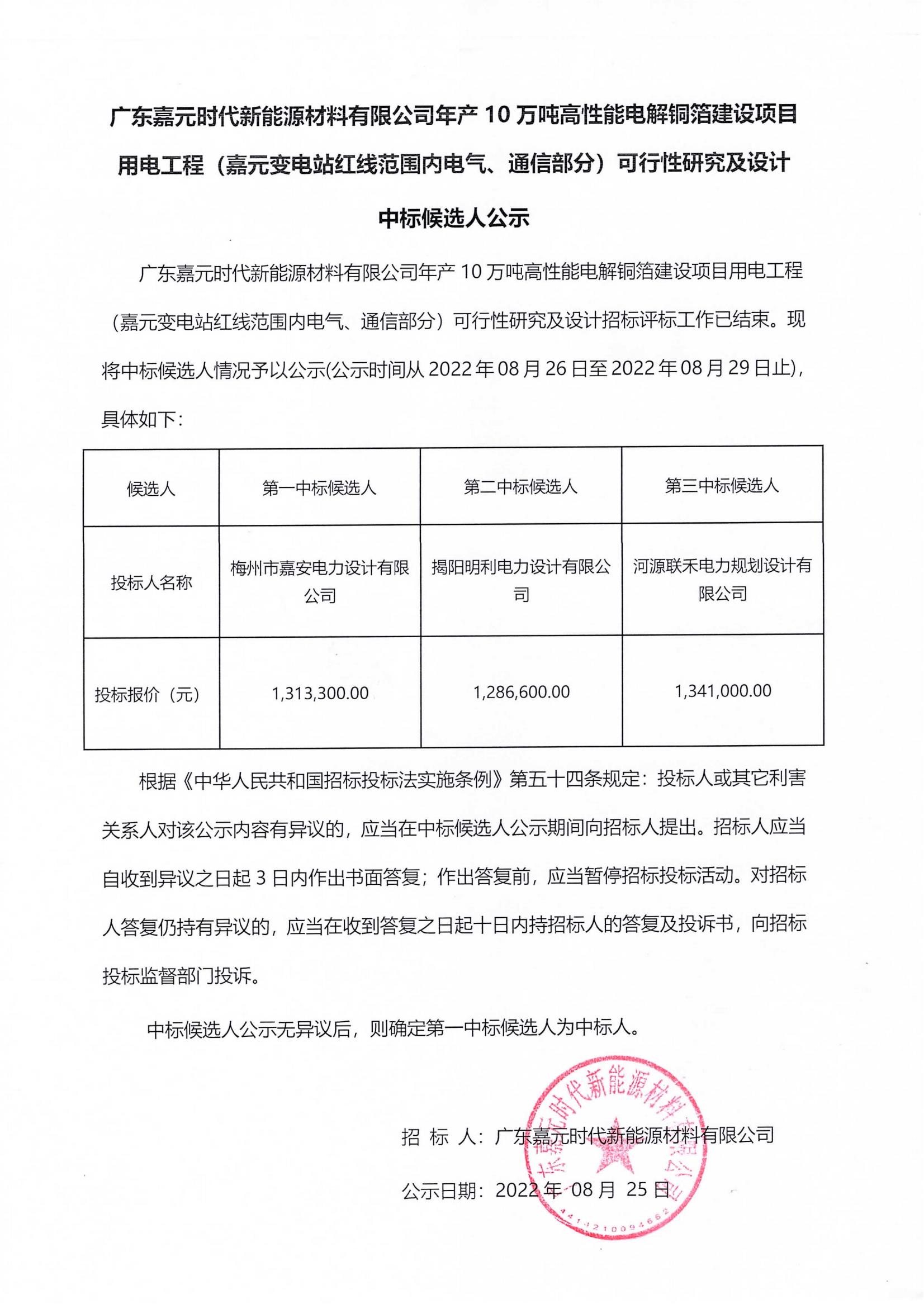 廣東嘉元時代新能源材料有限公司年産10萬噸高性能電(diàn)解銅箔建設項目用電(diàn)工(gōng)程（嘉元變電(diàn)站紅線範圍内電(diàn)氣、通信部分(fēn)）可行性研究及設計中(zhōng)标候選人公示_00.jpg